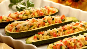 Zucchini Boats with Tomatoes, Rice, and Olives